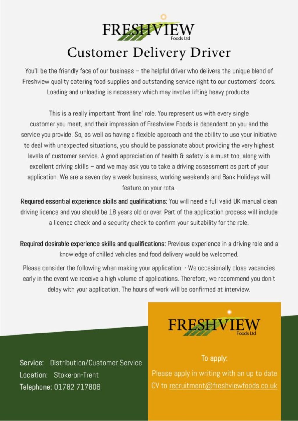 Customer Delivery Driver Freshview Foods Ltd